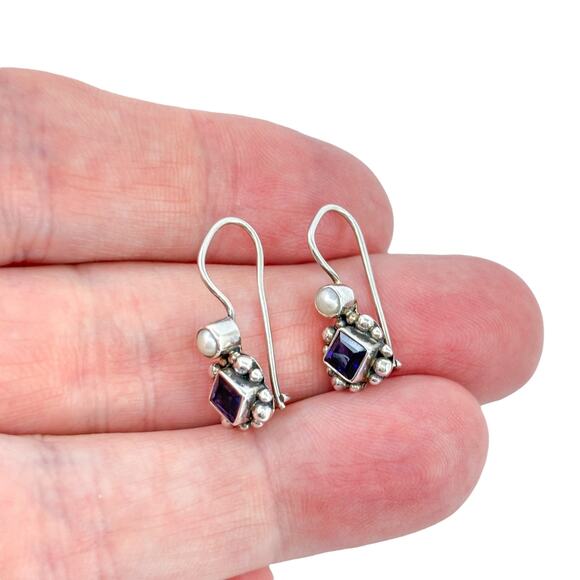 Vintage Sterling Silver 925 Pearl Purple Amethyst Drop Earrings - Picture 1 of 8